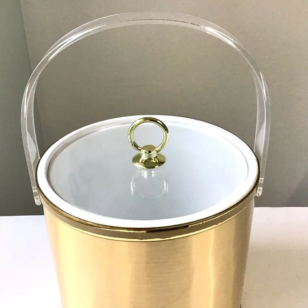Vintage Drulane Ice Bucket Gold with Clear Handle & Lid 1980s Towle Co USA Made